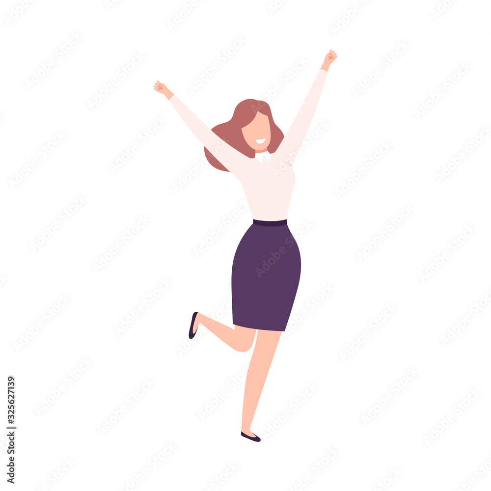 Successful Businesswoman Celebrating Victory, Female Office Character Standing with Her Hands Up Flat Vector Illustration