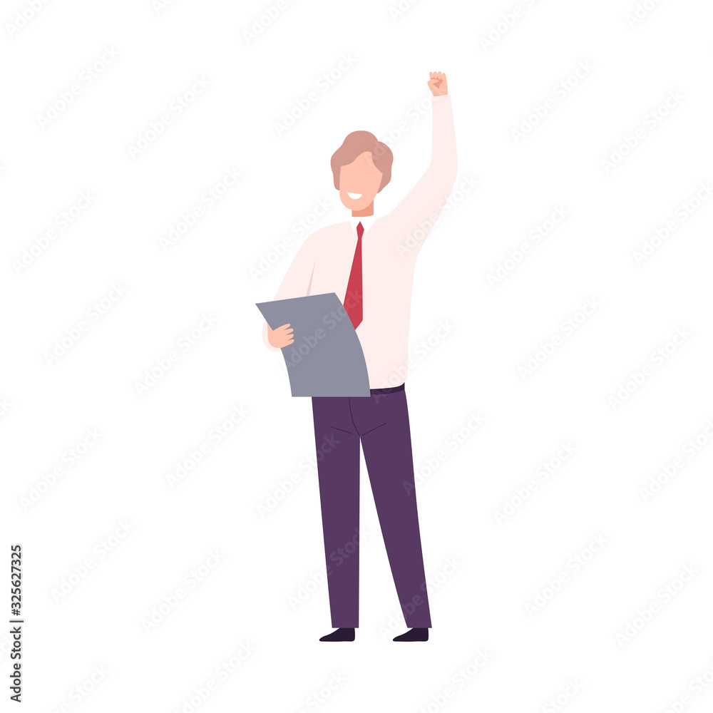 Businessman Celebrating Victory, Successful Manager Character Dressed in Business Clothes Standing with His Hand Up Flat Vector Illustration Businessman Celebrating Victory, Successful Manager Character Dressed in Business Clothes Standing with His Hand Up Flat Vector Illustration