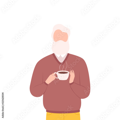 Gray Bearded Man Drinking Coffee, Male Character Enjoying of Hot Drink Flat Vector Illustration
