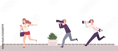 Paparazzi with Cameras Following Celebrity, Beautiful elebrity Woman Running away From Photographers Flat Vector Illustration