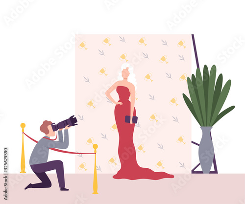 Plakat Elegant Beautiful Woman Posing to Paparazzi, Photographers with Cameras Photographing at Movie Festival, Premiere, Ceremony Show, Party for Famous People Flat Vector Illustration
