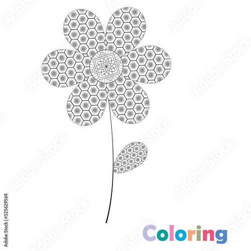 Flower close-up isolated, black outline white background, antistress coloring, vector illustration