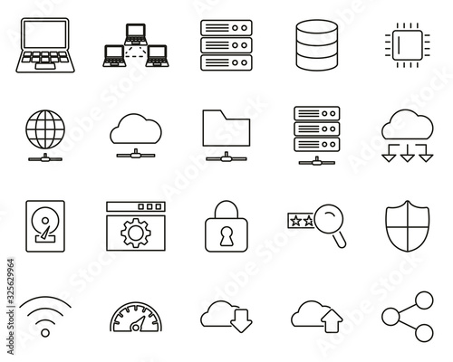 Server & Data Center Icons Black & White Thin Line Set Big