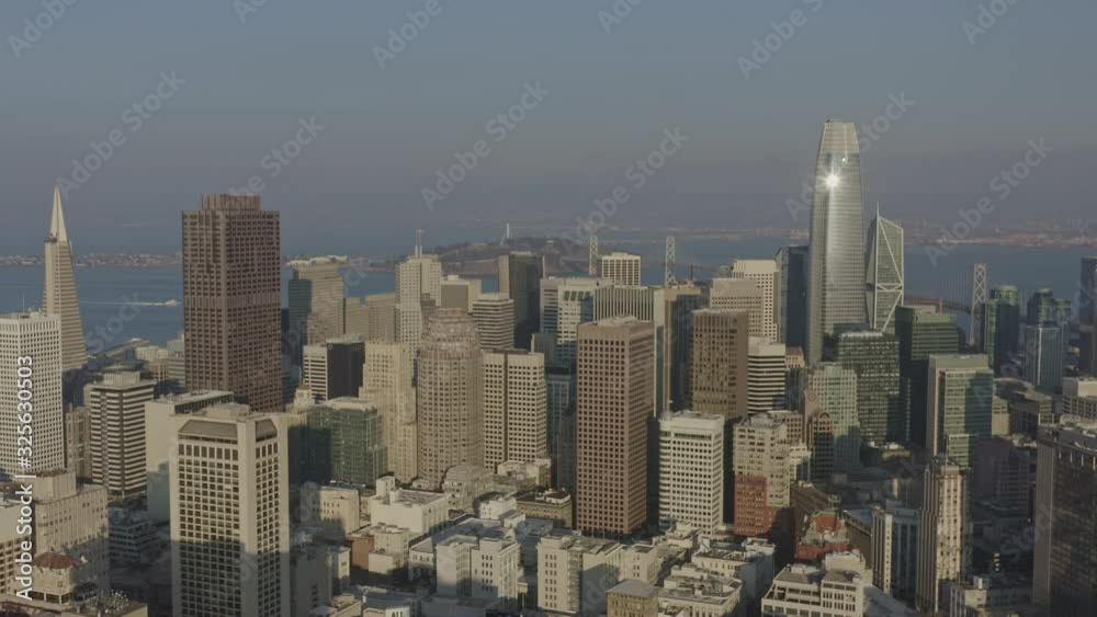 San Francisco Aerial v92 Cityscape from near Union Square flying over Financial District with Treasure Island and Bay Bridge views - December 2018 San Francisco Aerial v92 Cityscape from near Union Square flying over Financial District with Treasure Island and Bay Bridge views - December 2018