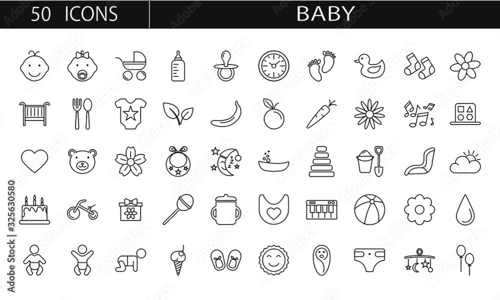 A set of  icons for babies and children consists of toys, clothes and other things that you can edit and change in any style.