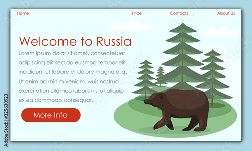Bear on Background Spruce in Wood. Welcome to Russia. Vector Illustration. Travel Agency. Tourism Development. Postcard Representing Country. Website Page on Blue Background. Screen Monitor.