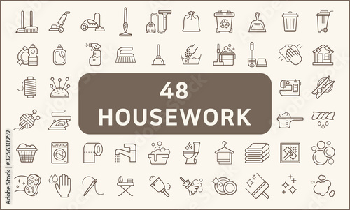 Set of 48 housework and cleaning icons line style. Contains such Icons as household chores, skein, broom, vacuum, wastebasket, Trash Can, liquid soap, cleaning tool and other elements. 