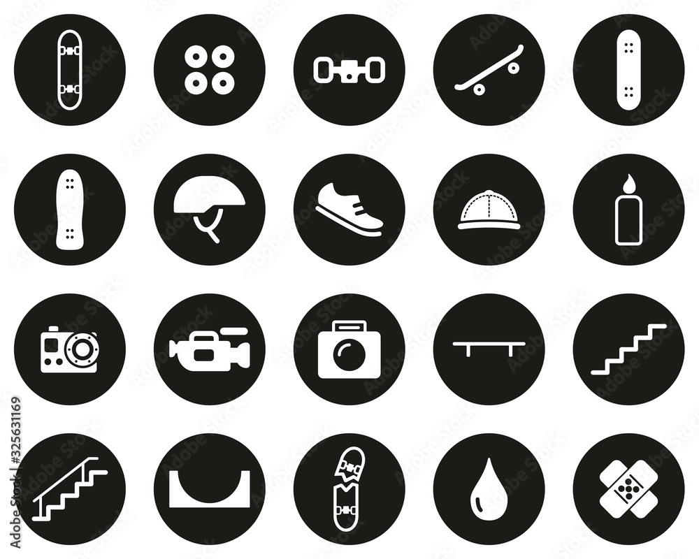 Skateboarding Extreme Sport & Equipment Icons White On Black Flat Design Circle Set Big