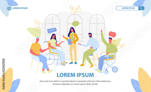 Group of Disabled People Sitting in Room with Healthy Coach or Psychologist Woman, Communication, Workshop, Assistance, Medical Help to Handicapped Characters, Clinic. Cartoon Flat Vector Illustration