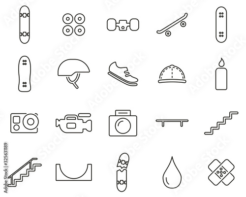 Skateboarding Extreme Sport & Equipment Icons Black & White Thin Line Set Big