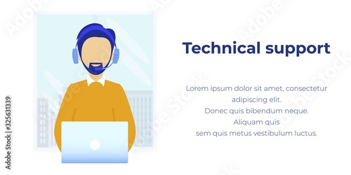Online Technical Support in Modern Call Center Advert. Flat Banner with Editable Promotion Text. Virtual Operator in Headphones Consult Customer Online Answering Questions. Vector Cartoon Illustration