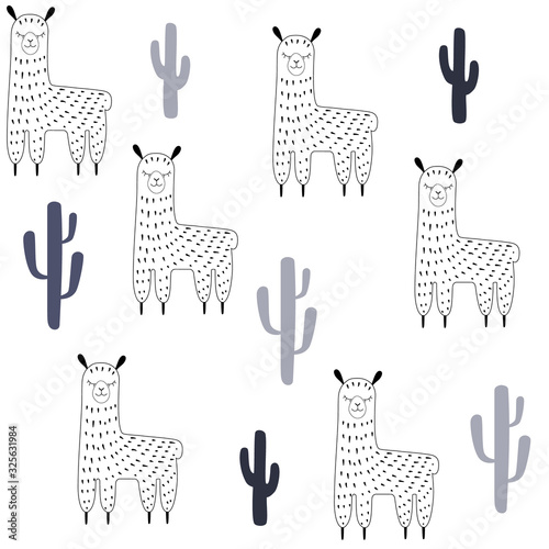 Outline llamas and grey cacti seamless pattern. Scandinavian style simple cute hand-drawn succulents and alpacas. Scrapbooking paper. Stock vector isolated illustration on a transparent background.
