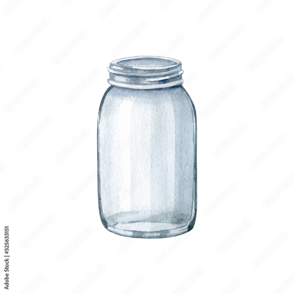 Glass jar- watercolor hand drawn clipart isolated on white background. Zero waste lifestyle, eco-friendly kitchen. No plastic concept. Handmade illustration.