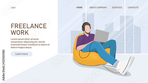A man with a computer sits on a bean bag chair in a coworking studio. Website landing page design. Vector illustration in a flat style