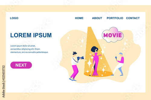 Plakat Celebrity Stand in Lighting Beam Posing to Paparazzi and Fan Photographing on Camera, Journalist Taking Interview. Movie Festival for Famous People. Cartoon Flat Vector Illustration, Horizontal Banner