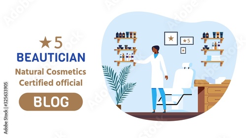 Web Advertising 5 Beautician Natural Cosmetics Certified Official Blog. Specialist in Medical form Advises Best Personal Care Products for Beauty and Health Cartoon. Vector Illustation.