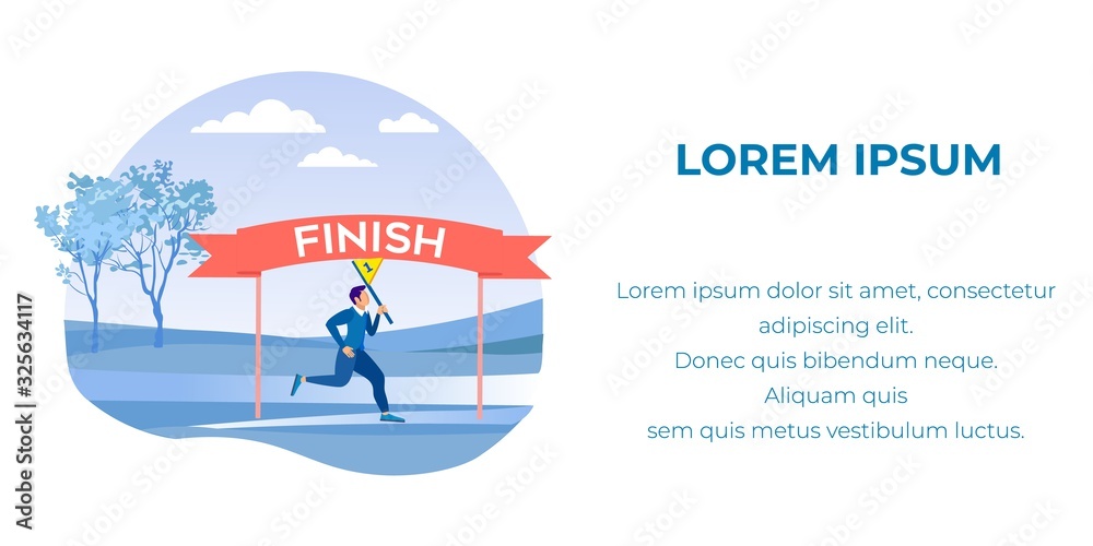 Cartoon Businessman Character in Formal Suit Holding Flag with First Place Running to Finish Line. Competition and Goal Achievement. Inspiration Text Banner. Vector Flat Illustration. Nature Scene