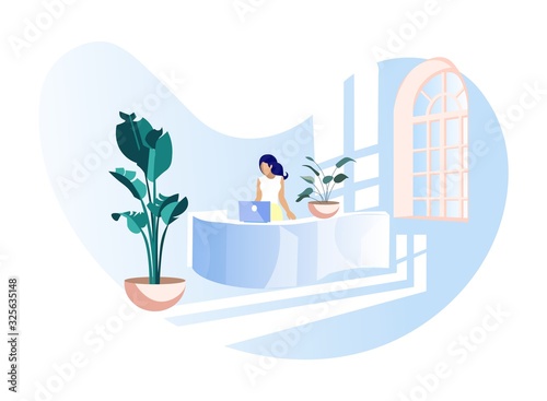 Elegant Faceless Female Office Assistant in Formal Wear at Work. Business Administration and Lobby Service. Cartoon Woman Secretary or Receptionist Working on Laptop. Vector Flat Illustration