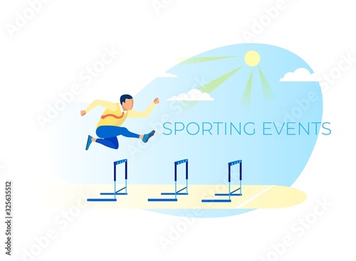 Sporting Events Metaphor Business Poster. Running with Obstacles. Cartoon Businessman Character in Necktie and Suit Jump over Hindrance. Sporty People. Competition. Vector Flat Natural Illustration