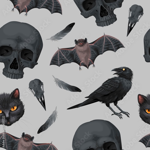 Seamless pattern with raven and human skull