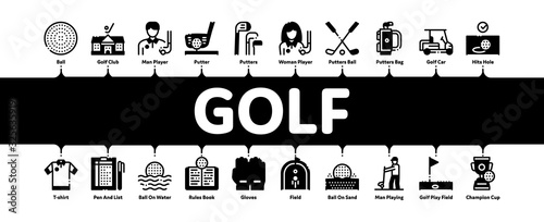 Golf Game Equipment Minimal Infographic Web Banner Vector. Golf Club Building And Putter With Ball, Caddy Car And Field, Player And Champion Cup Illustrations