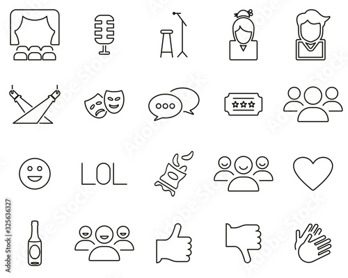 Stand Up Comedy Or Stand Up Show Icons Black & White Thin Line Set Big