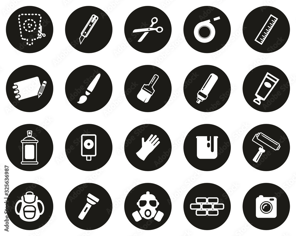 Stencil & Street Art Icons White On Black Flat Design Circle Set Big