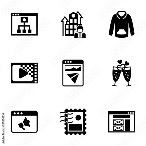 9 template filled icons set isolated on white background. Icons set with Mobile Learning, Business Company, sweatshirt, Encoding, Landing page, champagne, Promo website icons.