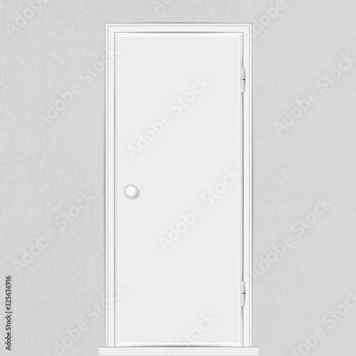 Realistic empty white closed door with frame and doorknob isolated on textured grey wall background. Vector illustration.