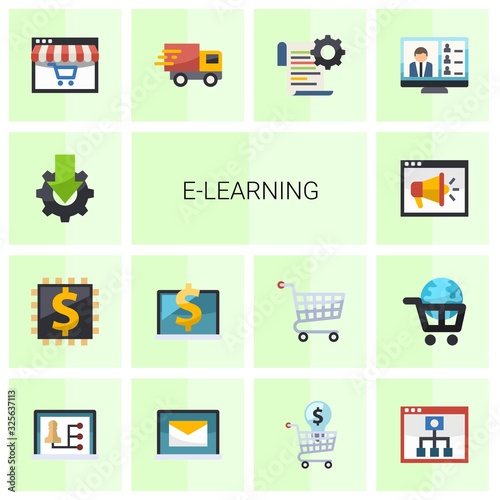 14 e-learning flat icons set isolated on white background. Icons set with Online tutorial, Blended Learning, Computer-Based Training, Video training, Distance Learning icons.
