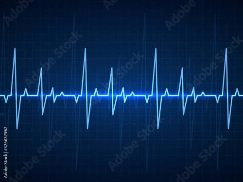 Ekg. Blue sinusoidal pulse lines, monitor with heartbeat signal. Cardiogram pulsing, resuscitation equipment healthcare vector background photo