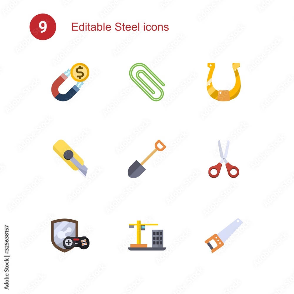 9 steel flat icons set isolated on . Icons set with Attract, Paperclip, horseshoe, Cutter knife, Shovel, Scissors, game clan, Construction, Hand saw icons. 9 steel flat icons set isolated on . Icons set with Attract, Paperclip, horseshoe, Cutter knife, Shovel, Scissors, game clan, Construction, Hand saw icons.