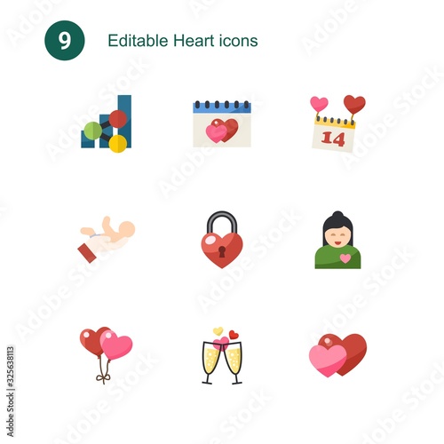 9 heart flat icons set isolated on . Icons set with social media trends, dating, Valentines Day, babysitting service, heart lock, boyfriend, balloons, champagne, love icons.
