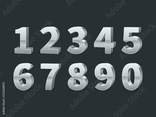Silver 3d numbers. Realistic shiny metallic number symbols with shadows, creative chrome digits, credit cards font, typographic vector set