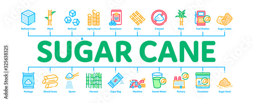 Sugar Cane Agriculture Minimal Infographic Web Banner Vector. Sugar Cubes And Package, Agricultural Harvest, Plant Building And Sweet Water Cup Illustrations