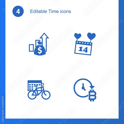 4 time filled icons set isolated on . Icons set with Asset, Valentines Day, rental period, future of money icons.