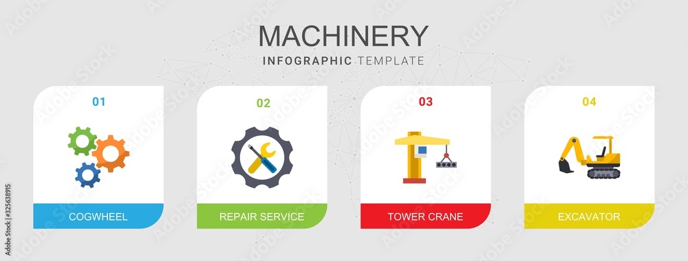 4 machinery flat icons set isolated on infographic template. Icons set with cogwheel, Repair service, tower crane, excavator icons.