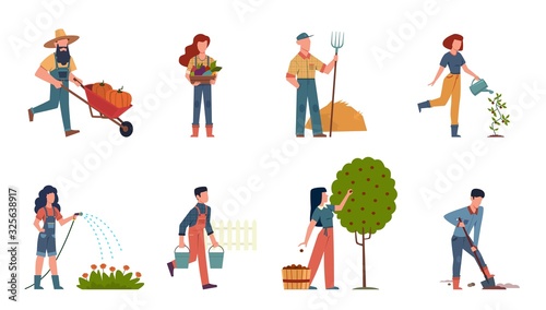 People in garden. Male and female doing farming job harvesting, planting and watering using gardening tools, organic products vector set
