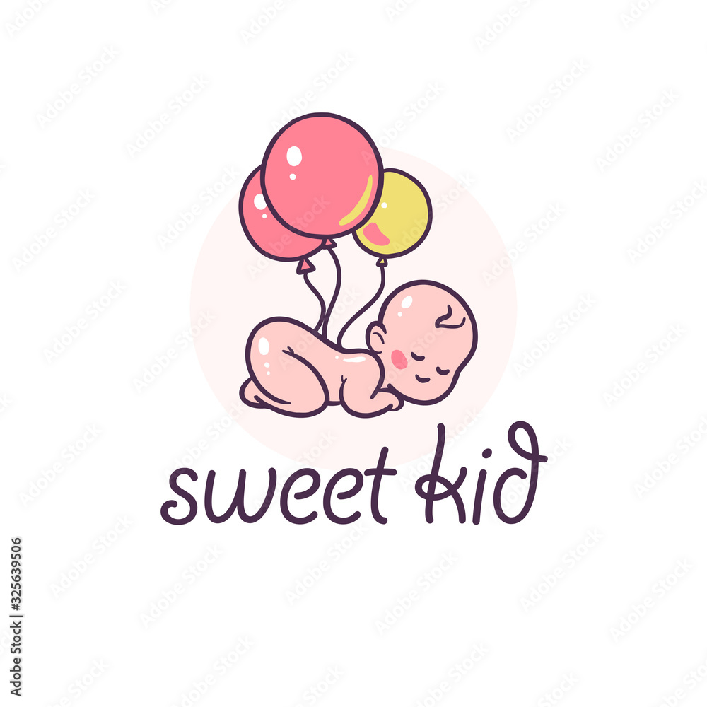 Baby logo design with sleeping naked cute baby and air balloons isolated on white background. Baby care logotype, emblem for kid goods, toys and accessory. Vector flat illustration. Baby logo design with sleeping naked cute baby and air balloons isolated on white background. Baby care logotype, emblem for kid goods, toys and accessory. Vector flat illustration.