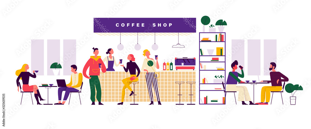 Young stylish people in coffeehouse drinking coffee at bar stand and tables, taking coffee to go, talking, communicating, working. Flat vector illustration concept in trendy colours for banner, ui.