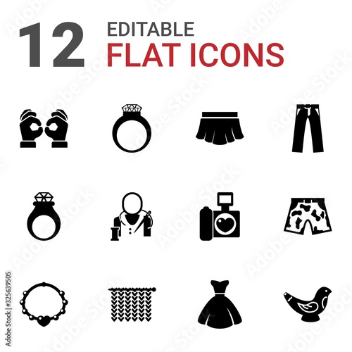 12 fashion filled icons set isolated on white background. Icons set with Handmade, diamond ring, skirt, handmade Jewelry, tailor, trousers, necklace, Knitting, bride dress icons.