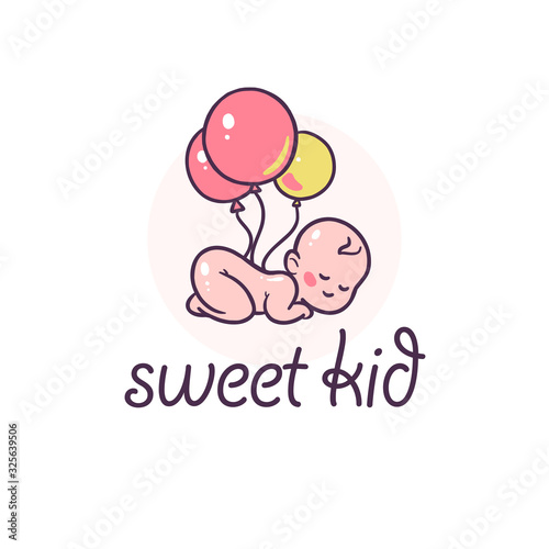 Baby logo design with sleeping naked cute baby and air balloons isolated on white background. Baby care logotype, emblem for kid goods, toys and accessory. Vector flat illustration.
