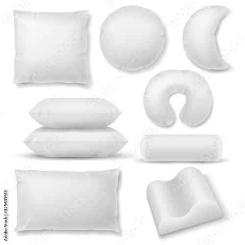Realistic pillow. Different shaped soft white pillows, comfort orthopedic cushions for sleep and rest template for healthy sleeping vector set photo