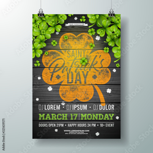 Saint Patrick's Day Celebration Party Flyer Illustration with Clover and Typography Letter on Vintage Wood Background. Vector Irish Lucky Holiday Design for Poster, Banner or Invitation.