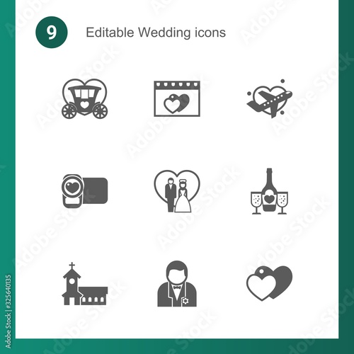 9 wedding filled icons set isolated on . Icons set with Brougham, dating, Honeymoon, video shooting, just married couple, champagne, church, groom, love icons.