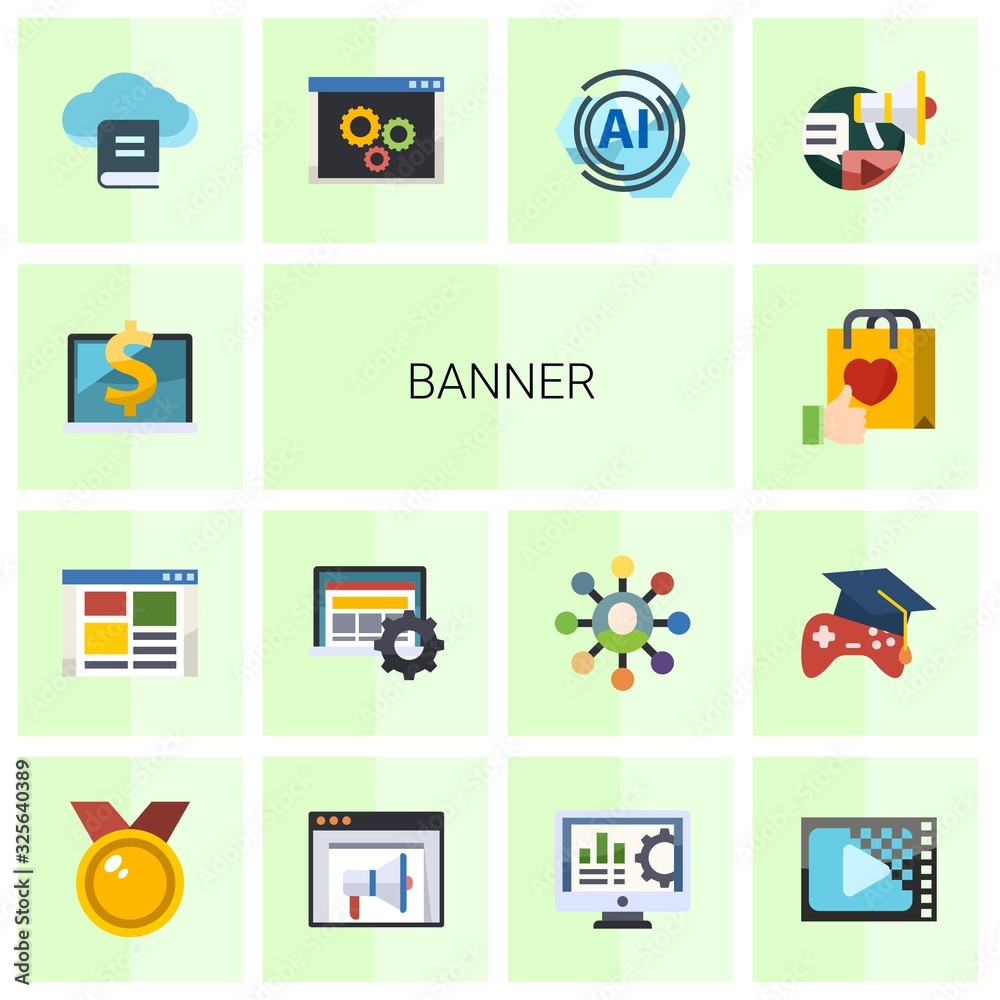 14 banner flat icons set isolated on white background. Icons set with Computer-Based Training, front end, Interactive Course, Brand engagement, Email Marketing, back end icons. 14 banner flat icons set isolated on white background. Icons set with Computer-Based Training, front end, Interactive Course, Brand engagement, Email Marketing, back end icons.