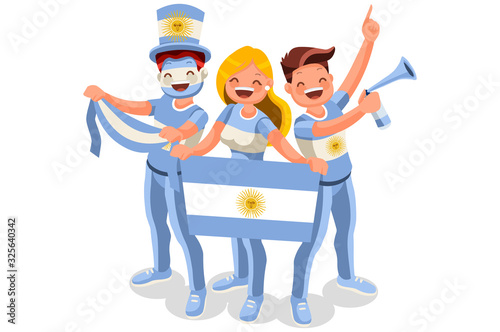 Argentina flag Argentine people day. Crowd of persons celebrate national day .  Celebrating a football team. Soccer symbol and victory celebration. Sports cartoon symbolic flat vector