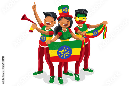 Ethiopia flag Ethiopian people day. Crowd of persons celebrate national day .  Celebrating a football team. Soccer symbol and victory celebration. Sports cartoon symbolic flat vector