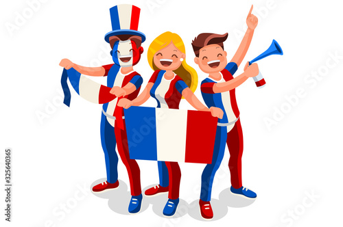 France flag French people day. Crowd of persons celebrate national day .  Celebrating a football team. Soccer symbol and victory celebration. Sports cartoon symbolic flat vector