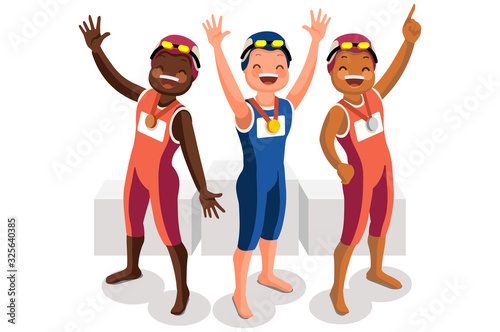 Crowd of persons celebrate summer games athletics medal. Sportive people celebrating swimming team. Swimmer athlete symbol on victory celebration. Sports cartoon symbolic flat vector illustration